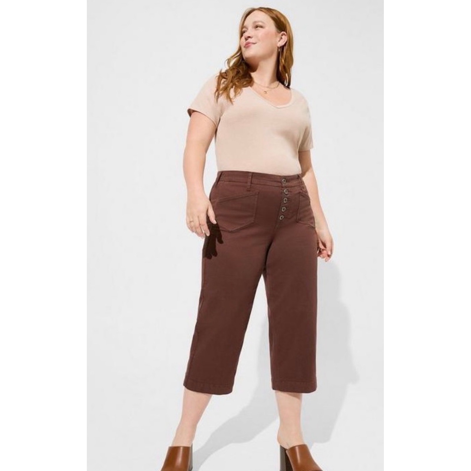 Torrid Cocoa Brown Button Fly Wide Leg Crop Pants Plus Size 18 High Rise
